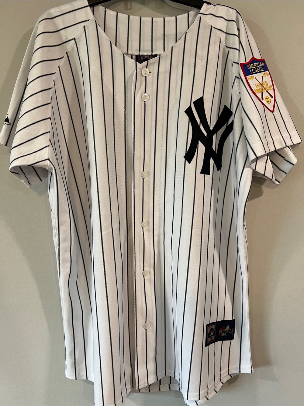 Majestic - White/Navy Pinstripe New York Yankee Jersey, #7 Mickey Mantle